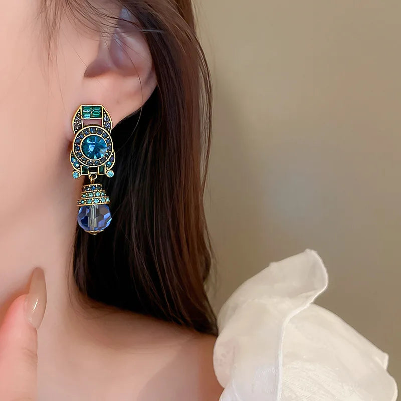 Vintage Blue Water Drop Crystal Clips Earrings