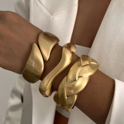 Matte Gold Wave Water Drop Wide Cuff Bracelet