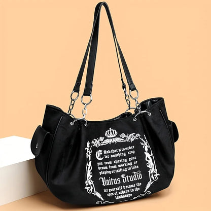 Letter Print Faux Suede Handbag