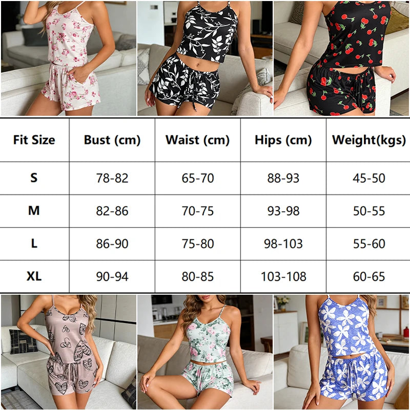 Floral Print Spaghetti Strap V Neck Shorts Sleepwear