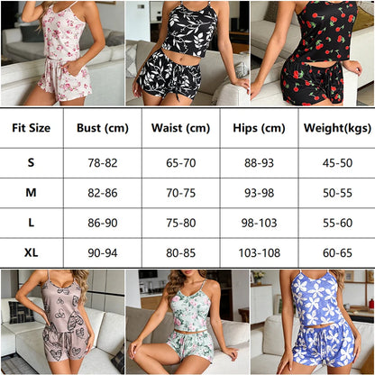 Floral Print Spaghetti Strap V Neck Shorts Sleepwear