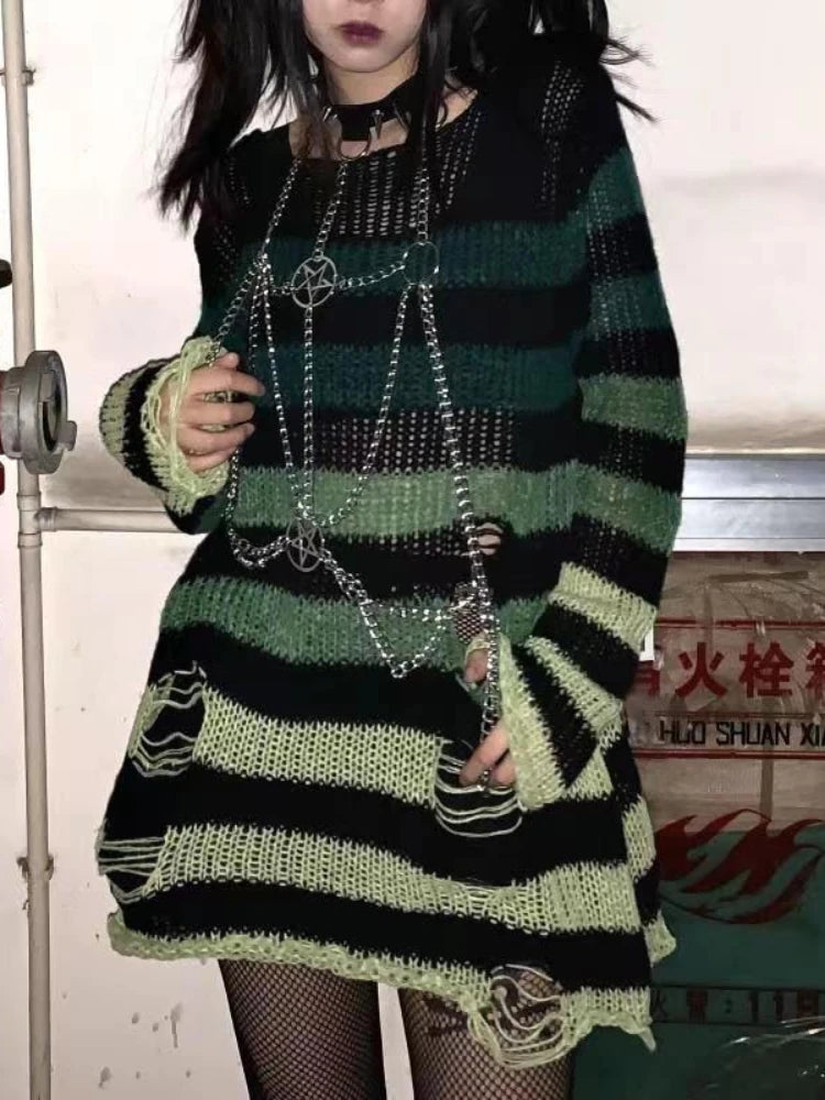 Punk Gothic Long Unisex Sweater Striped Cool Hollow Out Hole Broken Jumper