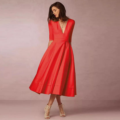 Short Sleeve V-neck Slit Solid High Quality Long Dress