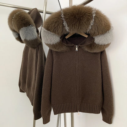 Autumn Winter Casual Hooded Real Fox Fur Collar Short Knitted Jacket