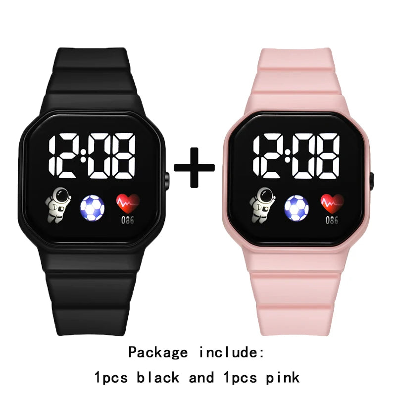 2Pcs/set Kids Sports LED Digital Spaceman Silicone Strap Electronic Wristwatch