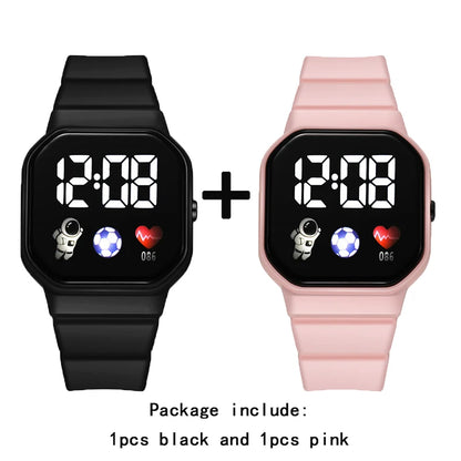 2Pcs/set Kids Sports LED Digital Spaceman Silicone Strap Electronic Wristwatch