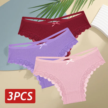 3PCS/Set Cotton Sexy Low Rise Lace Brazilian Panties S-XL
