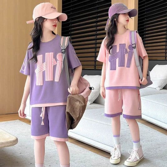 Short Sleeve Teen Loose Casual Letter Print Outfits Set
