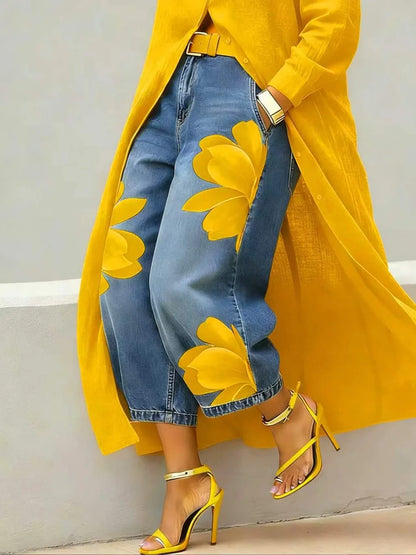 Streetwear Floral Print High Waist Jeans Loose Fit Pants