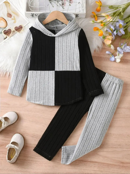 Girls' Casual Ribbed Long-Sleeved Hoodie And Trousers Set