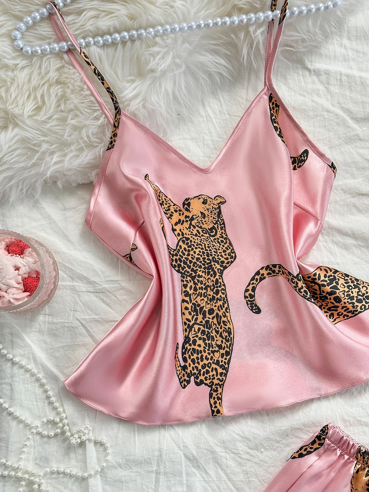 V Neck Leopard Print Suspender Long Pants Pajama Set