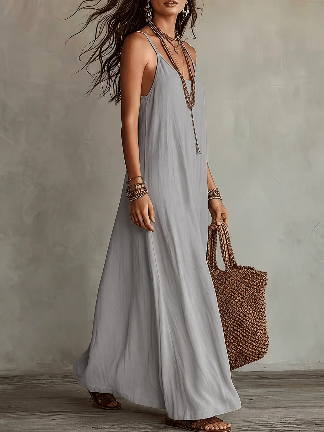 Loose Stain A-Line Long Dress with Thin Straps