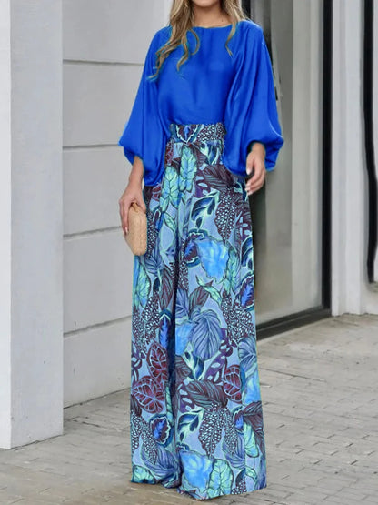 Autumn Solid Long Sleeve T-shirts & Digital Print Wide Leg Pants Set