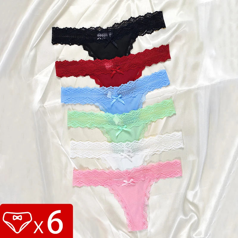 6pcs/Set Perspective Floral Panties Lace Thongs Low Waist G-string