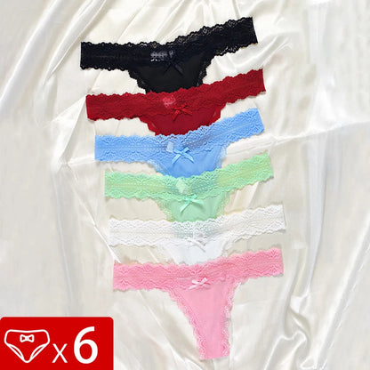 6pcs/Set Perspective Floral Panties Lace Thongs Low Waist G-string