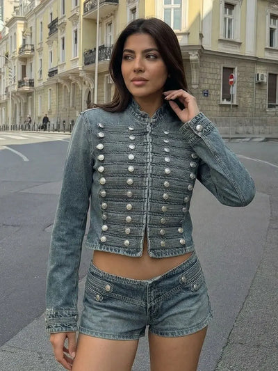 Denim Front Metal Button Decoration Long Sleeve Slim Jacket