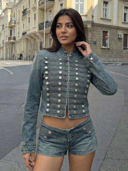 Denim Front Metal Button Decoration Long Sleeve Slim Jacket