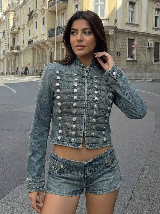 Denim Front Metal Button Decoration Long Sleeve Slim Jacket