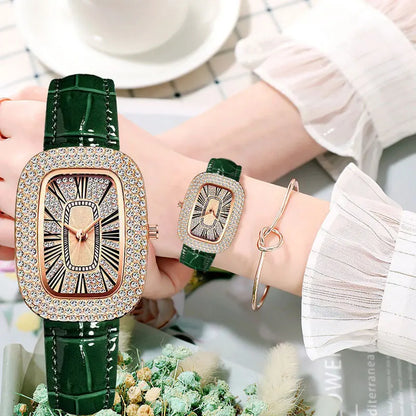 Leather strap with diamond inlay water diamond wine barrel quartz watch