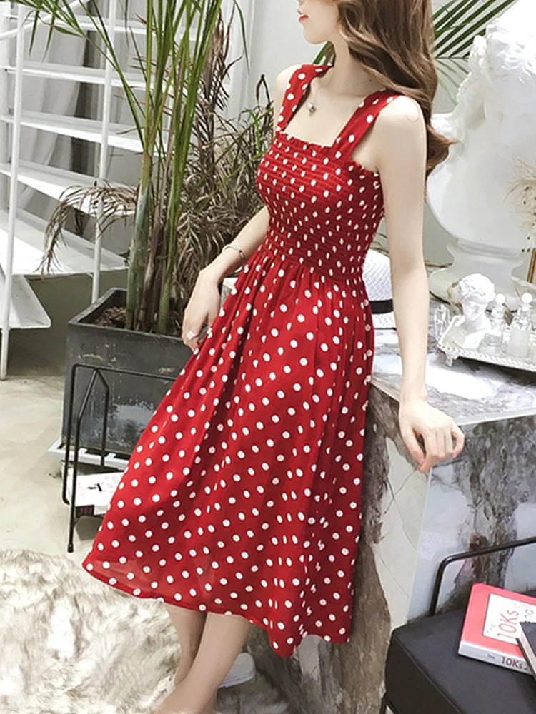 Long Vintage Dots Casual Ruffles Elegant Maxi Strap Camis Silky Dress
