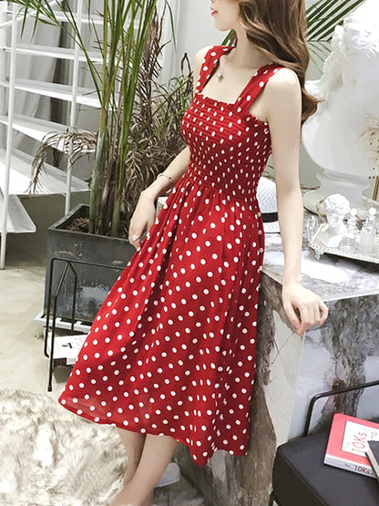 Long Vintage Dots Casual Ruffles Elegant Maxi Strap Camis Silky Dress