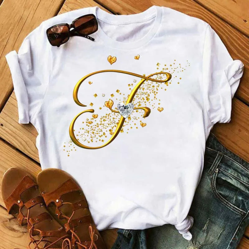 Custom Letter Combination Diamond Gold Letter T-shirt