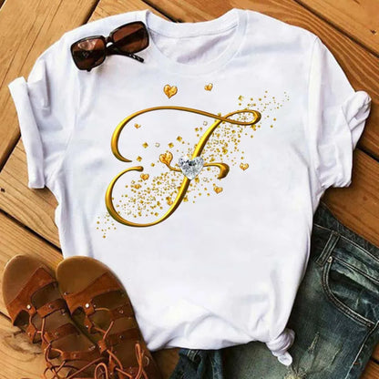 Custom Letter Combination Diamond Gold Letter T-shirt