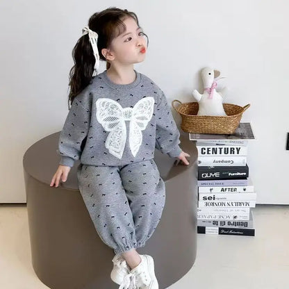 Fleece Autumn Winter Bow Print Sweatshirt+Pants Velvet Warm Set