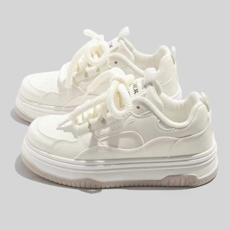 Round toe Lace-up White Thick-soled Vulcanized Flat-soled Sneakers