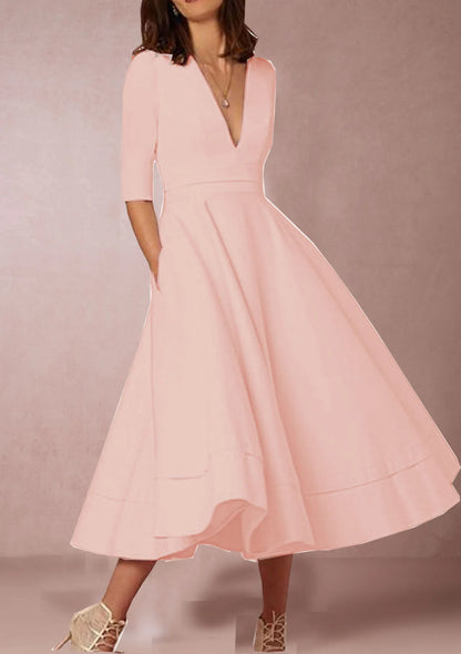 Short Sleeve V-neck Slit Solid High Quality Long Dress