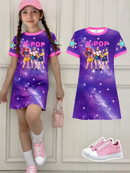 Kpop Cartoon Graphic Funny Short Sleeve Dress