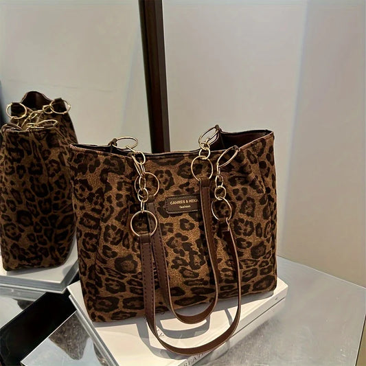 Vintage Leopard Print Brown PU Tote Shoulder Bag