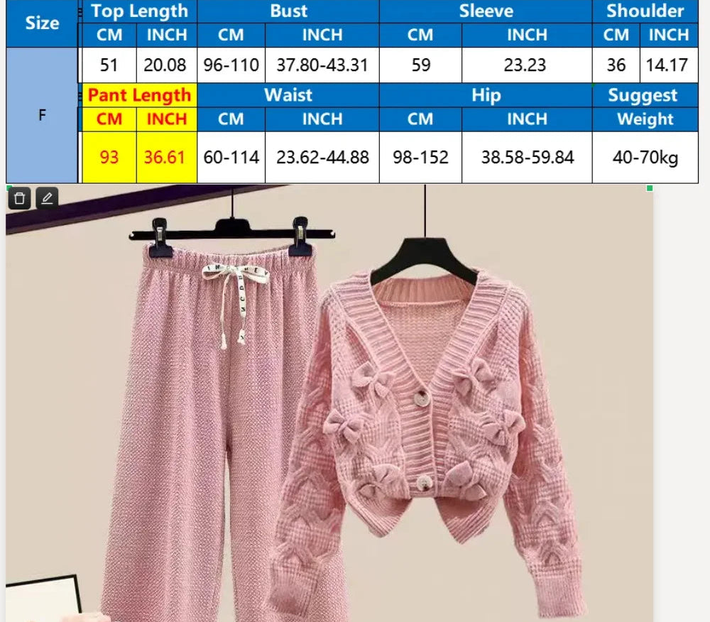 Korean Sweet Bow Outfit Long Sleeve Cardigan Knitwear Wide Leg Pants Set