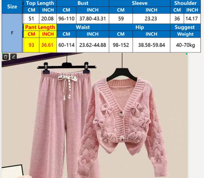 Korean Sweet Bow Outfit Long Sleeve Cardigan Knitwear Wide Leg Pants Set