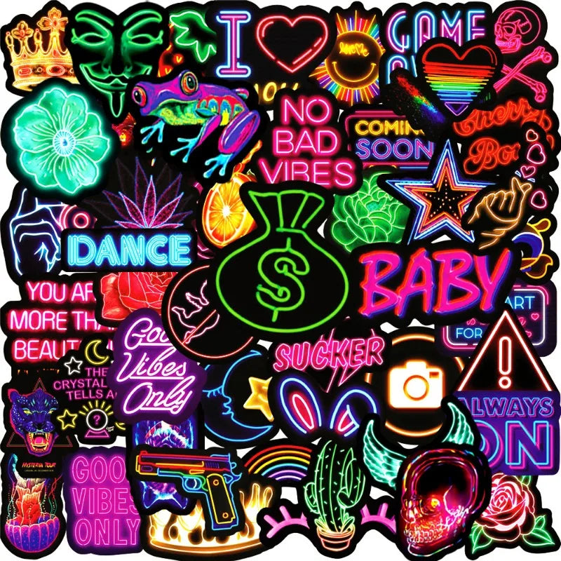 10/25/50pcs Cool Mixed Neon Lights Graffiti Stickers for DIY Guitar Phone Laptop Skateboard