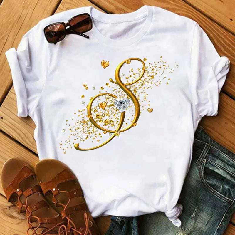 Custom Letter Combination Diamond Gold Letter T-shirt