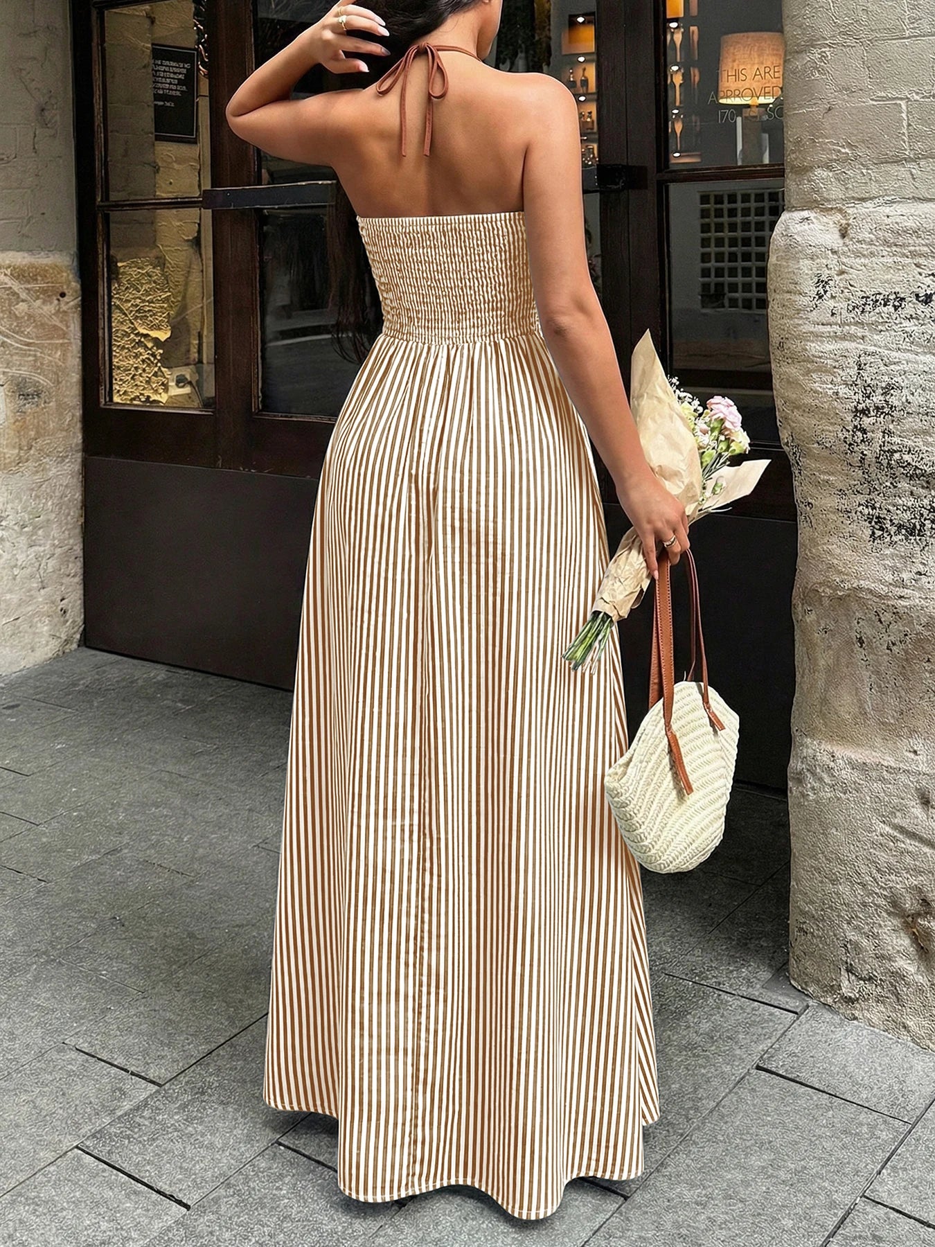 Deep V-neck Striped Sexy Backless Sleeveless Neckline Long Dress