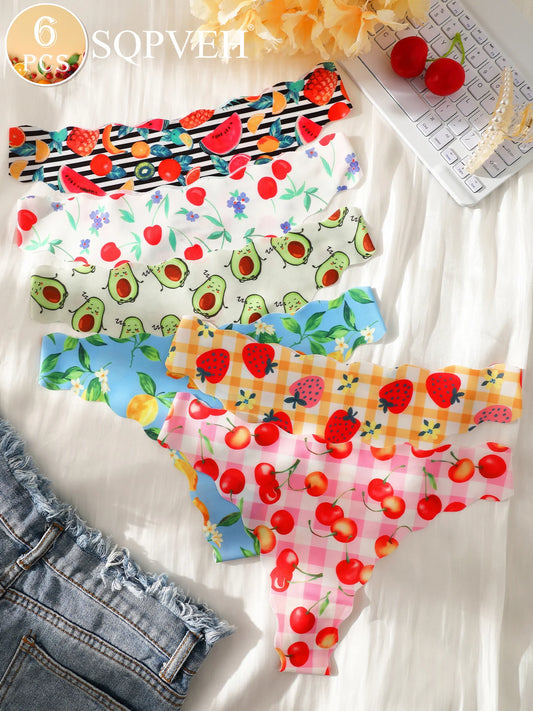 6Pcs Fruits Print Seamless Thongs No Show Invisible Soft Stretch Ice Silk Panties