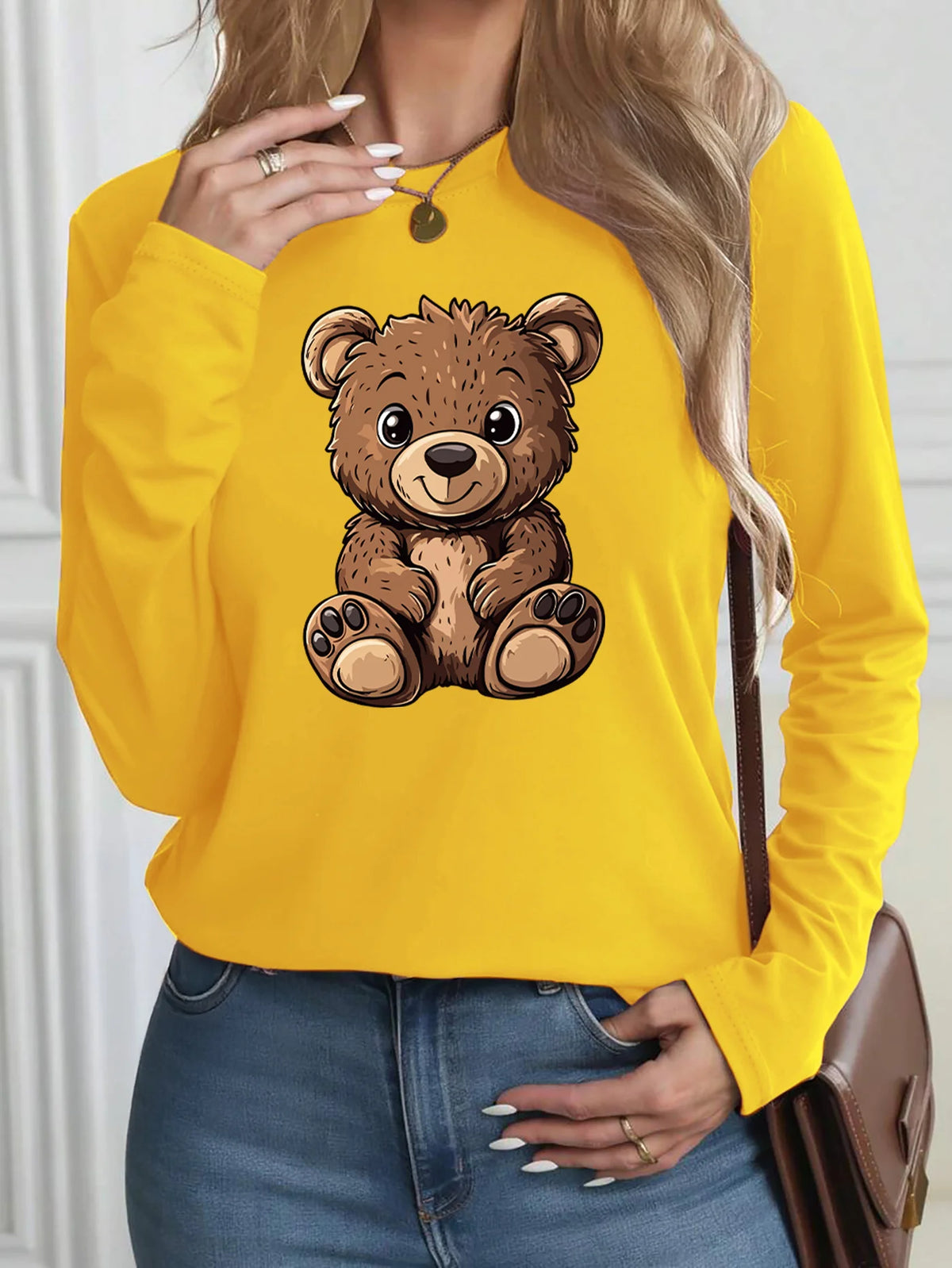100% Pure Cotton Loose Letter Dog Print Round Neck Long Sleeved T-Shirt