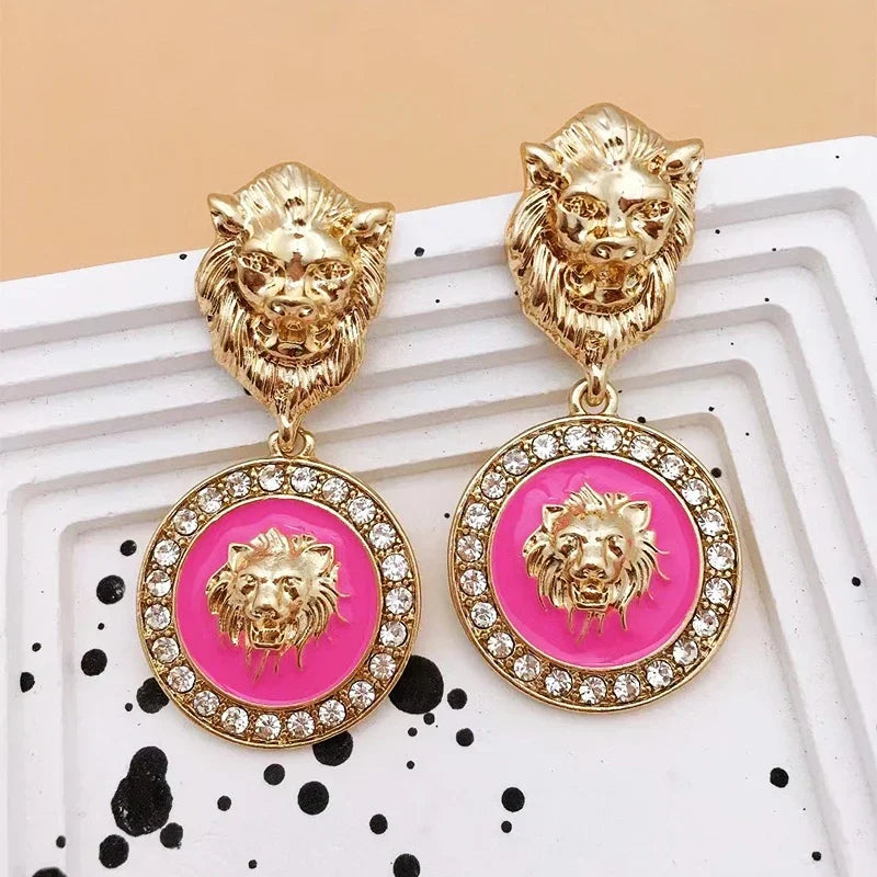 Punk Embossed Lion Head Drop Gold-plated Zircon Gothic Earrings
