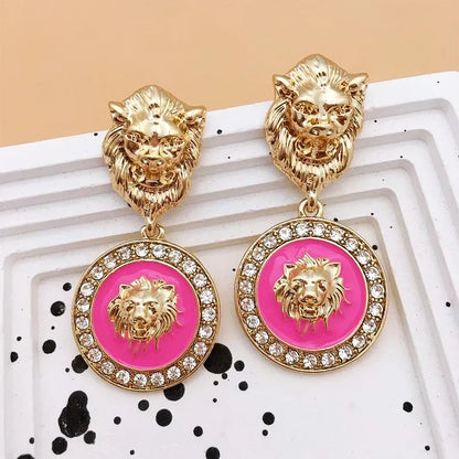 Punk Embossed Lion Head Drop Gold-plated Zircon Gothic Earrings
