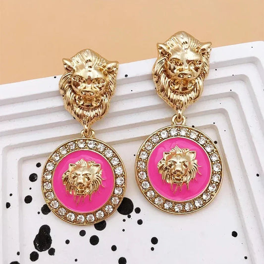 Punk Embossed Lion Head Drop Gold-plated Zircon Gothic Earrings