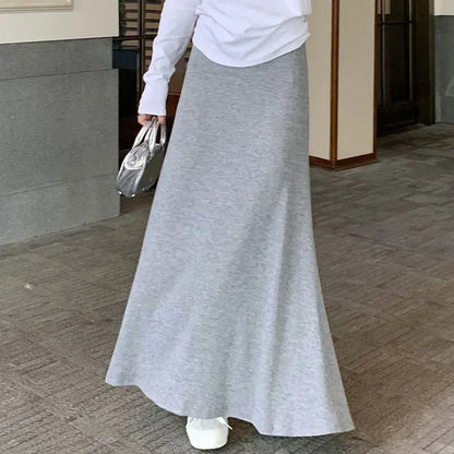 Gray Knitted Hip Wrap High Waist Fish Tail Midi Skirts