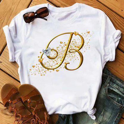 Custom Letter Combination Diamond Gold Letter T-shirt