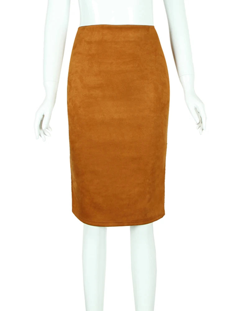 Suede Pencil High Waist Bodycon Vintage Suede Split Thick Stretchy Skirts