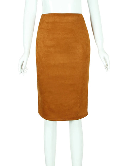 Suede Pencil High Waist Bodycon Vintage Suede Split Thick Stretchy Skirts