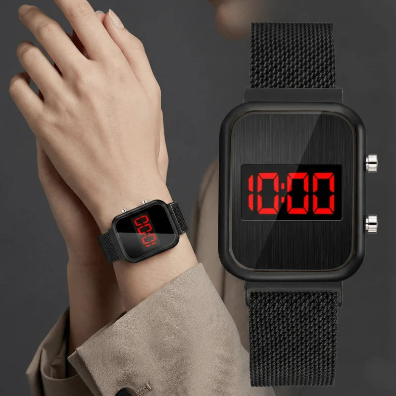 Rectangle LED Digital Luxury Rose Gold Magnetic Mesh Electronic Wristwatches