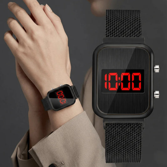 Rectangle LED Digital Luxury Rose Gold Magnetic Mesh Electronic Wristwatches
