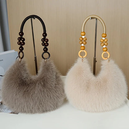 Plush Faux Tote Bead Accented Strap Zipper Closure Elegant Handbags