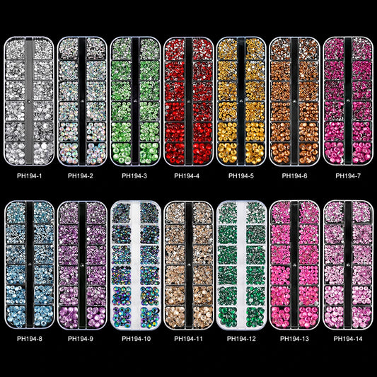 12Gird 3D Glass AB Crystal Nail Art Rhinestones Kit